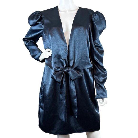New Lovers + Friends Satin Plunge Puff Sleeve Cocktail Dress Navy Blue Size XL - Picture 1 of 9